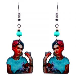 Handmade Frida inspired cat portrait earrings with acrylic, seed beads, and metal hooks in mint, peach, orange, hot pink, and red color combination.