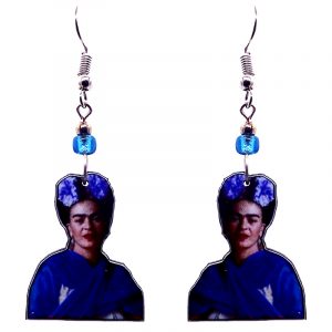 Handmade Frida inspired portrait earrings with acrylic, seed beads, and metal hooks in indigo purple, blue, beige, and black color combination.