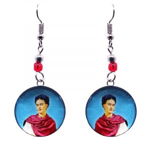Handmade round silver Frida inspired earrings with acrylic, seed beads, and metal hooks in light blue, beige, hot pink, white, and black color combination.
