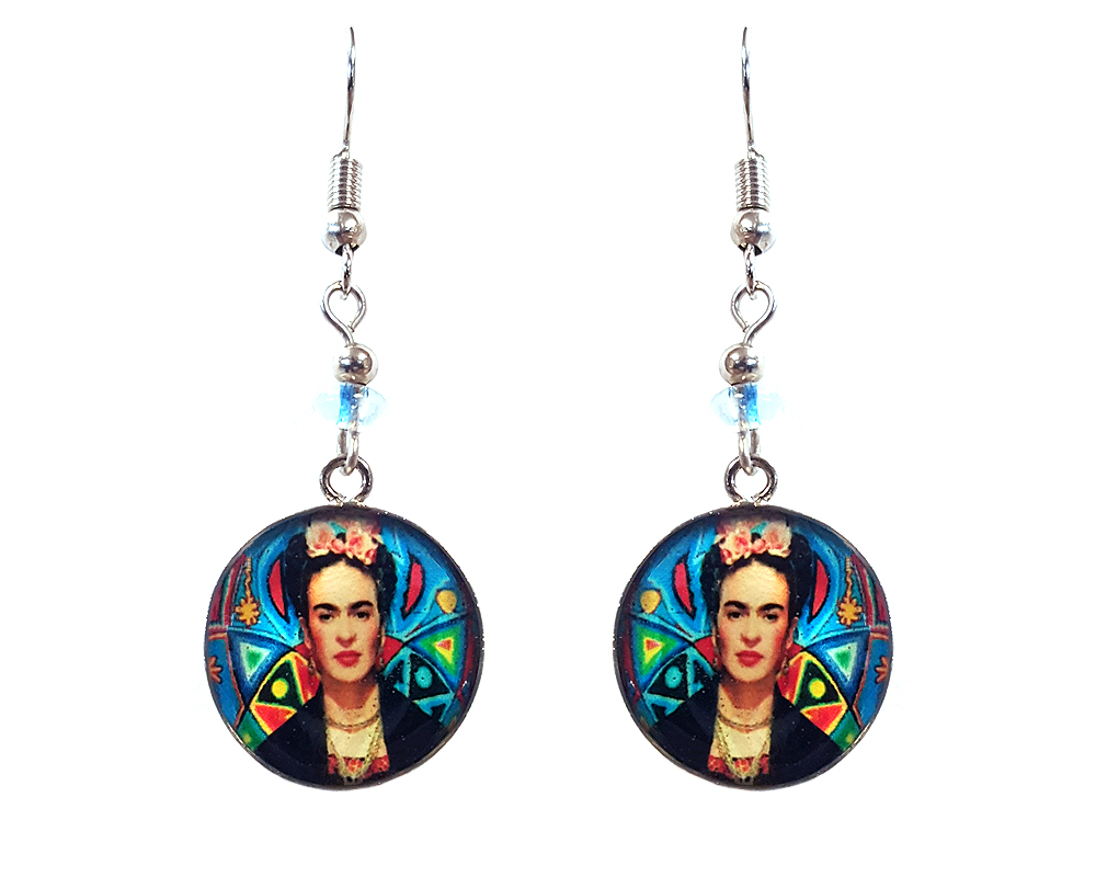 Handmade round silver geometric Frida inspired earrings with acrylic, seed beads, and metal hooks in turquoise, black, beige, and multicolored color combination.