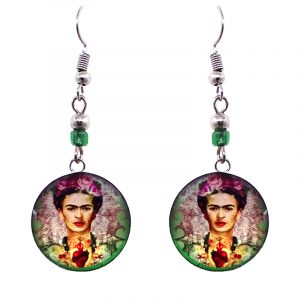 Handmade round silver Frida inspired earrings with acrylic, seed beads, and metal hooks in beige, peach, pink, lime green, and black color combination.