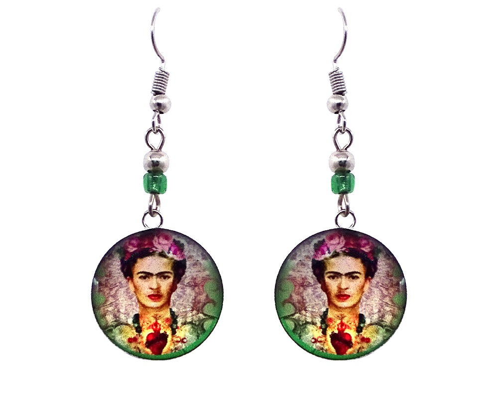 Handmade round silver Frida inspired earrings with acrylic, seed beads, and metal hooks in beige, peach, pink, lime green, and black color combination.