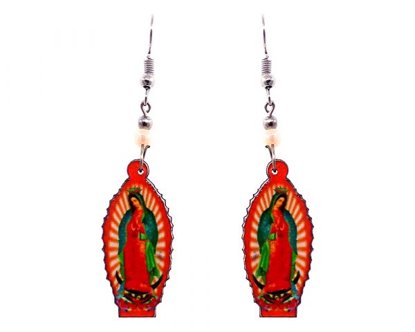 Virgin Mary acrylic dangle earrings with beaded metal hooks in orange, red, and green color combination.