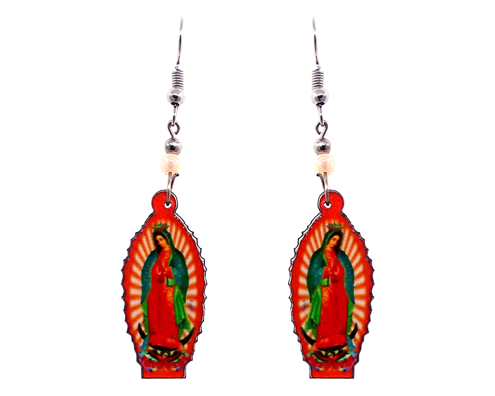 Virgin Mary acrylic dangle earrings with beaded metal hooks in orange, red, and green color combination.