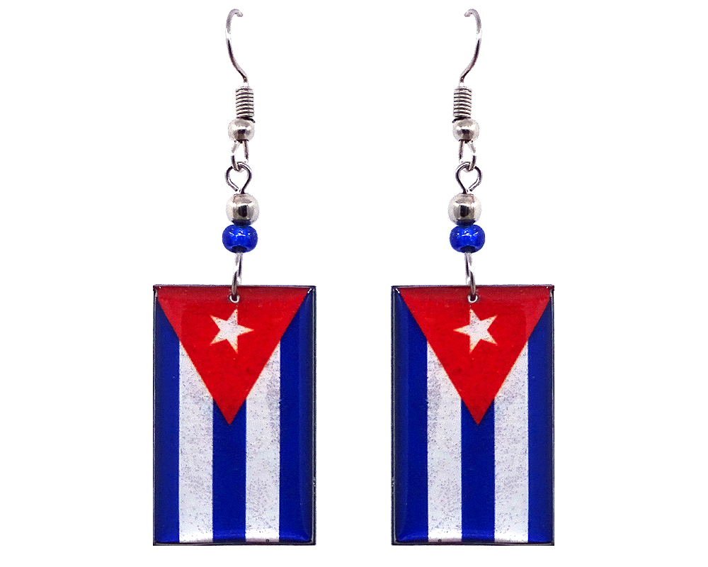 Rectangle-shaped Cuban flag acrylic dangle earrings with beaded metal hooks.