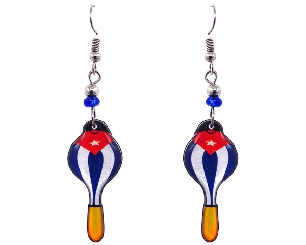 Cuban flag maracas acrylic dangle earrings with beaded metal hooks.