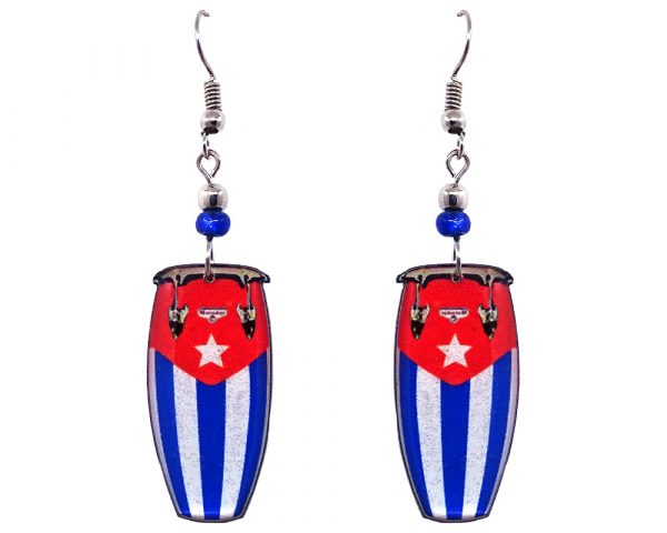 Cuban flag drums acrylic dangle earrings with beaded metal hooks.