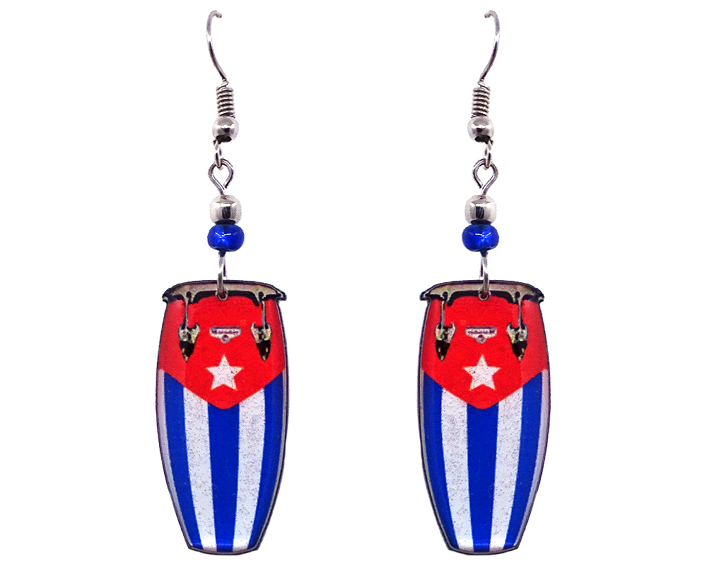 EA-047204050001 Cuban flag drums acrylic dangle earrings with beaded metal hooks.