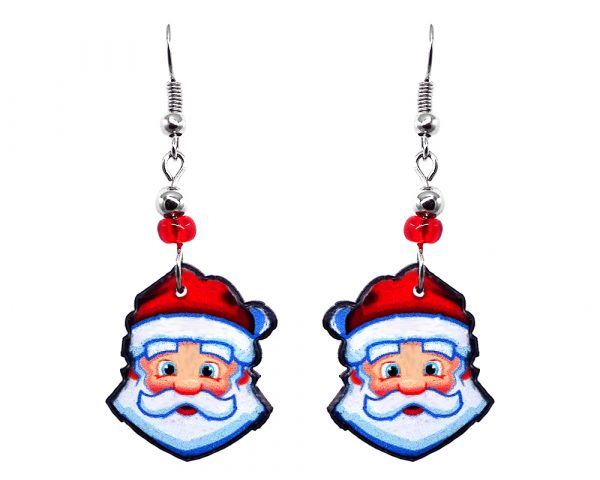 Christmas holiday themed Santa Claus face acrylic dangle earrings with beaded metal hooks in red, white, and peach color combination.