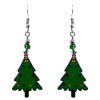 EA-047303040499 Christmas holiday themed tree acrylic dangle earrings with beaded metal hooks in green color.