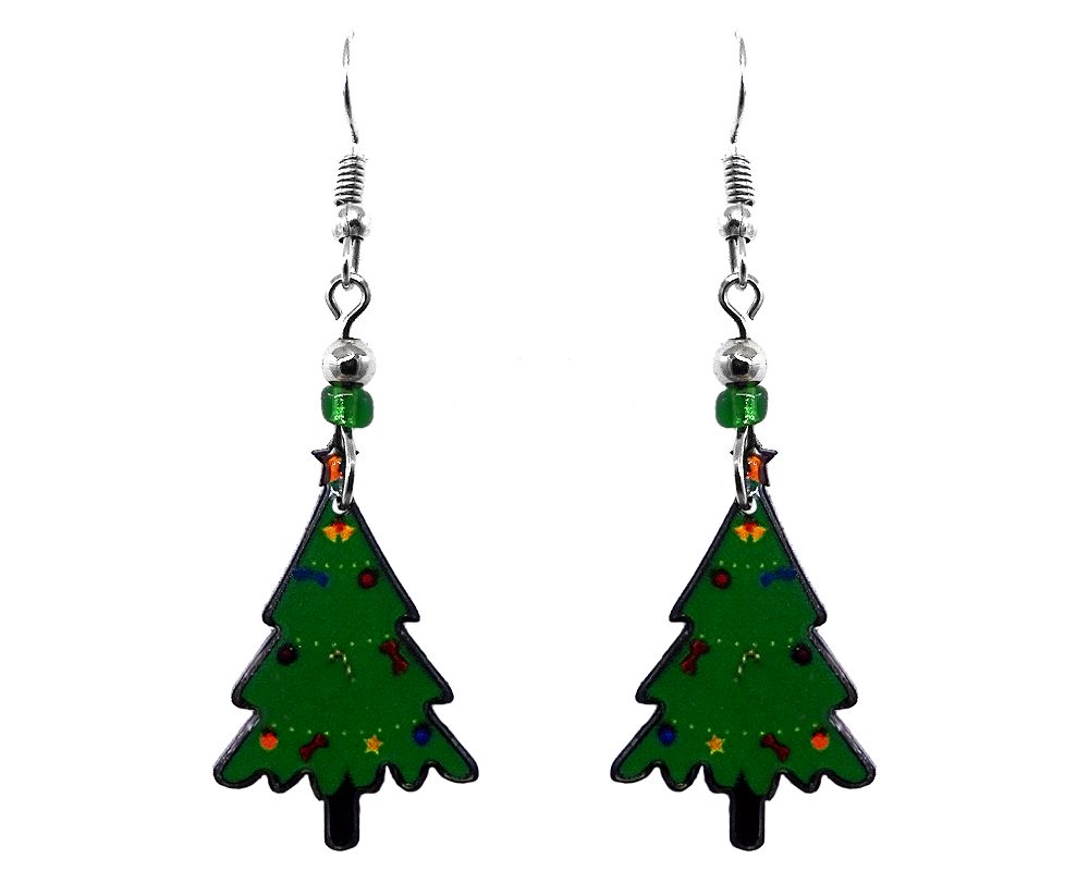 Christmas holiday themed tree acrylic dangle earrings with beaded metal hooks in green color.