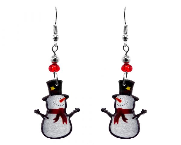 Christmas holiday themed snowman acrylic dangle earrings with beaded metal hooks in white, red, and black color combination.