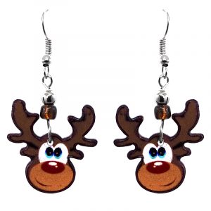Christmas holiday themed Rudolph reindeer acrylic dangle earrings with beaded metal hooks. in brown, white, and red color combination.