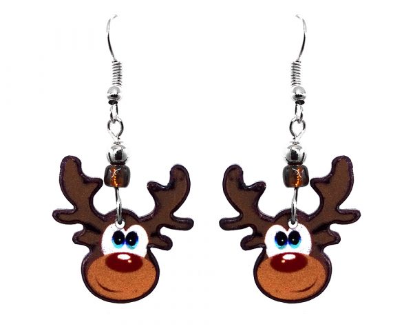 Christmas holiday themed Rudolph reindeer acrylic dangle earrings with beaded metal hooks. in brown, white, and red color combination.
