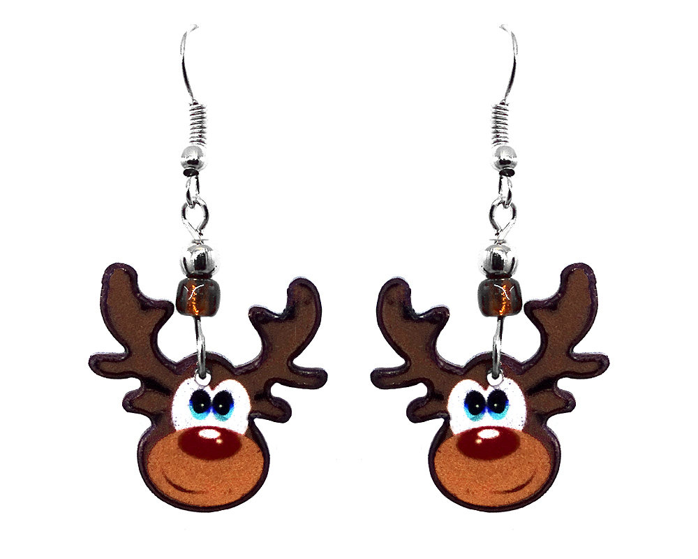 EA-047305081800 Christmas holiday themed Rudolph reindeer acrylic dangle earrings with beaded metal hooks. in brown, white, and red color combination.