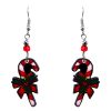 Christmas holiday themed candy cane acrylic dangle earrings with beaded metal hooks in red, white, and green color combination.