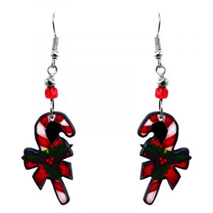 Christmas holiday themed candy cane acrylic dangle earrings with beaded metal hooks in red, white, and green color combination.