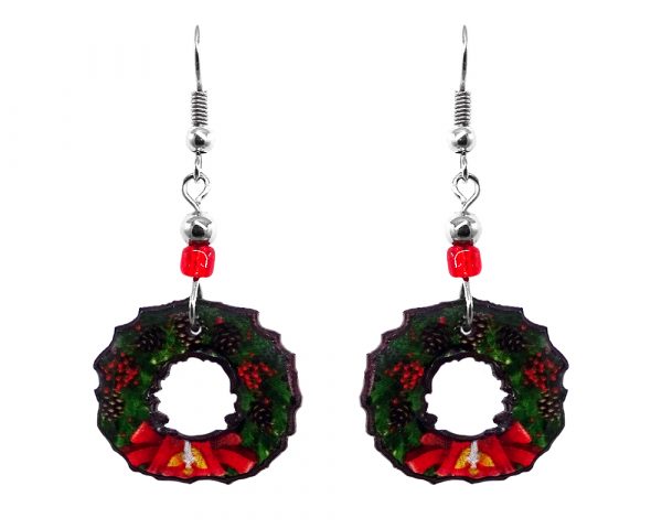Christmas holiday themed wreath acrylic dangle earrings with beaded metal hooks in dark green and red color combination.