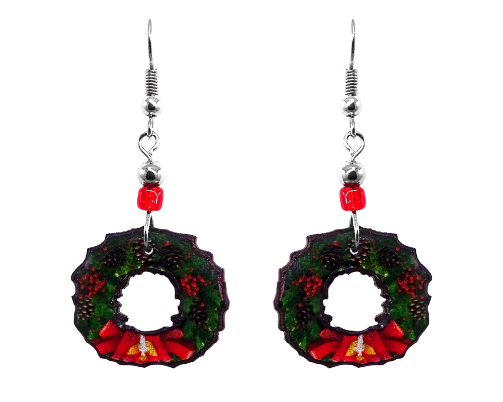 EA-047308040128 Christmas holiday themed wreath acrylic dangle earrings with beaded metal hooks in dark green and red color combination.