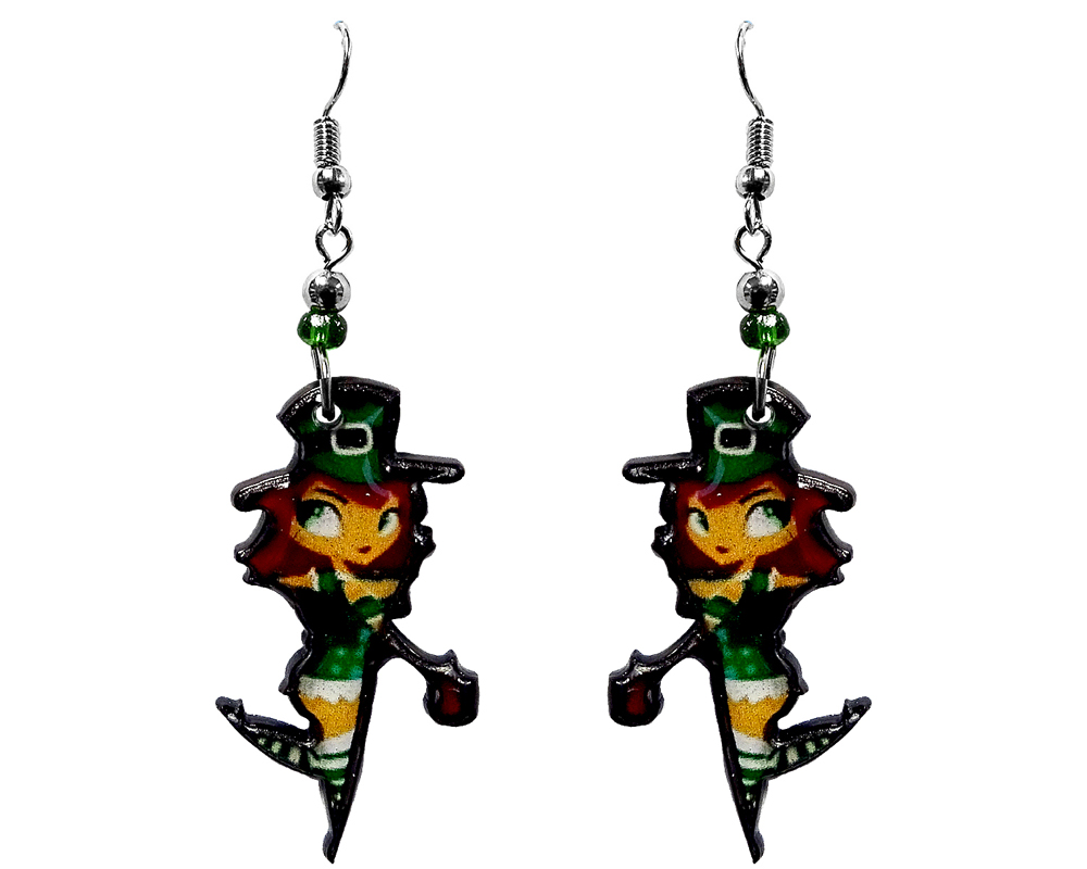 St. Patrick's Day holiday themed leprechaun acrylic dangle earrings with beaded metal hooks in green, beige, dark red, black, and white color combination.