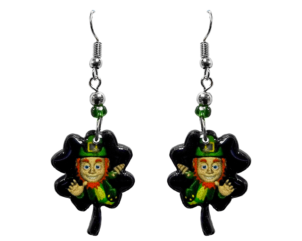 EA-048101090402 St. Patrick's Day holiday themed leprechaun clover acrylic dangle earrings with beaded metal hooks in black, green, yellow, and orange color combination.