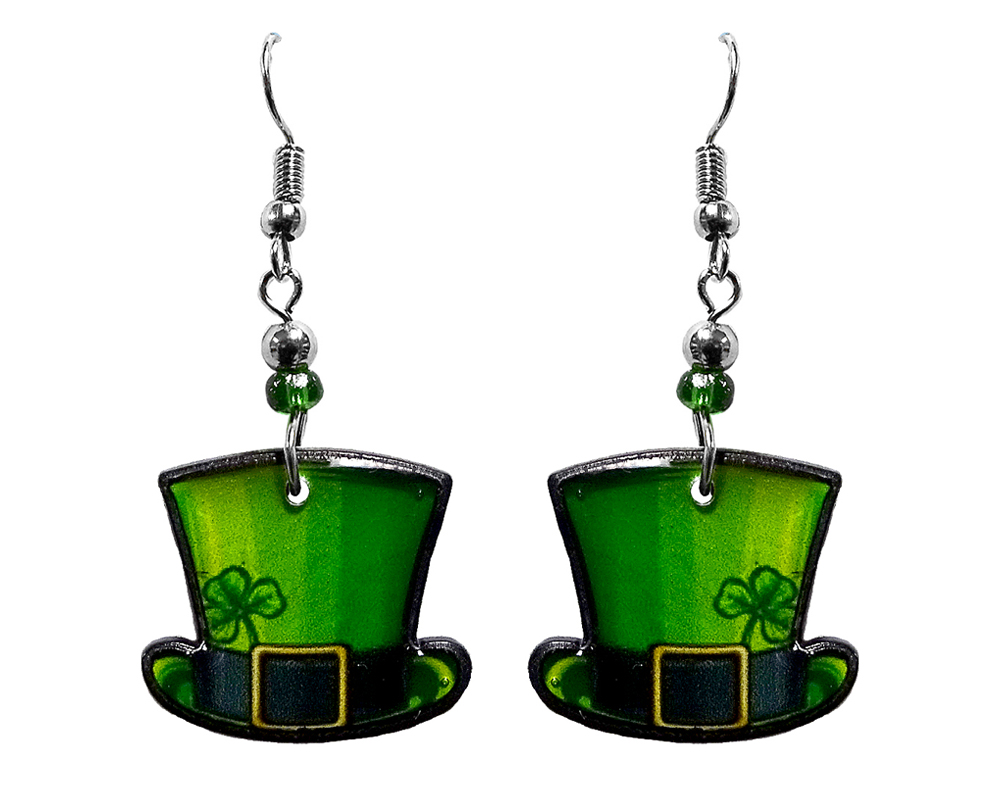 EA-048102040934 St. Patrick's Day holiday themed leprechaun hat acrylic dangle earrings with beaded metal hooks in green and black color combination.