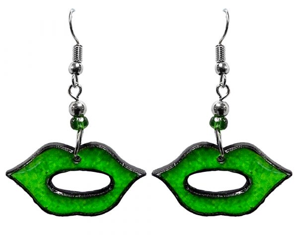 St. Patrick's Day holiday themed Irish lips acrylic dangle earrings with beaded metal hooks in lime green color combination.