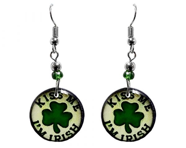 Round-shaped St. Patrick's Day holiday themed "Kiss Me I'm Irish" acrylic dangle earrings with beaded metal hooks in white and green color combination.