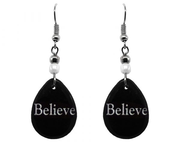 Handmade black and white teardrop inspirational earrings with acrylic, seed beads, and metal hooks in "Believe".
