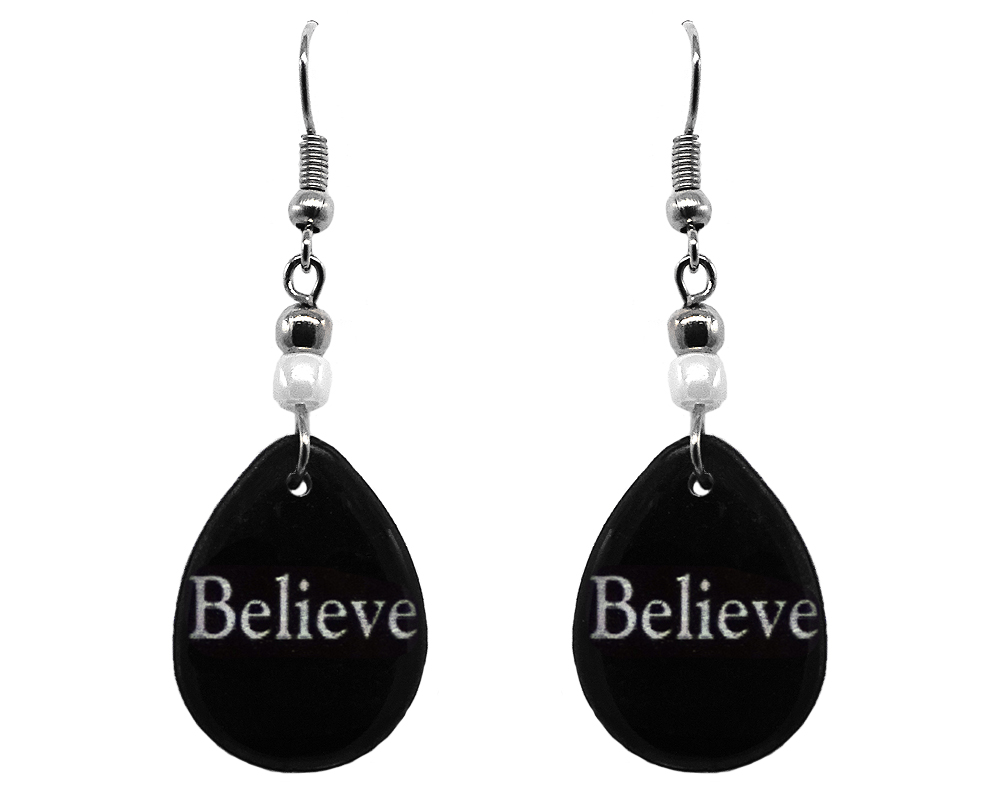 Handmade black and white teardrop inspirational earrings with acrylic, seed beads, and metal hooks in "Believe".