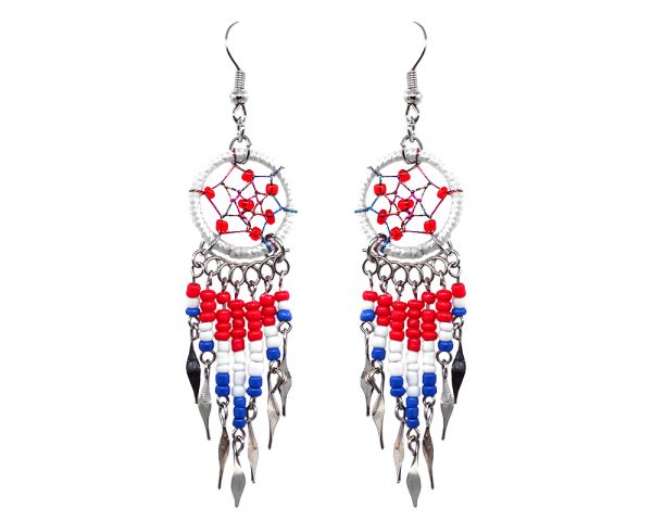 Round beaded dream catcher earrings with long seed bead and alpaca silver dangles in USA American flag color combination.