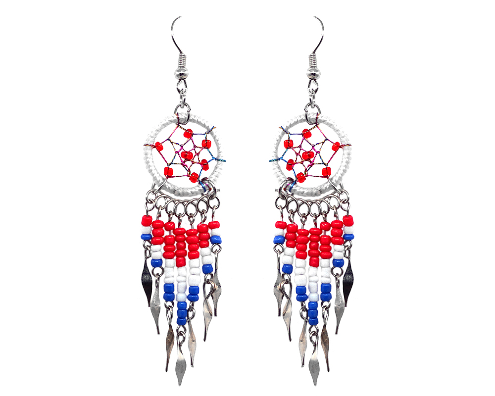 Round beaded dream catcher earrings with long seed bead and alpaca silver dangles in USA American flag color combination.