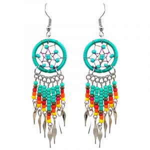 Handmade Native American inspired round beaded thread dream catcher earrings with long seed bead and alpaca silver dangles in mint green, gold, red, orange, and yellow color combination.