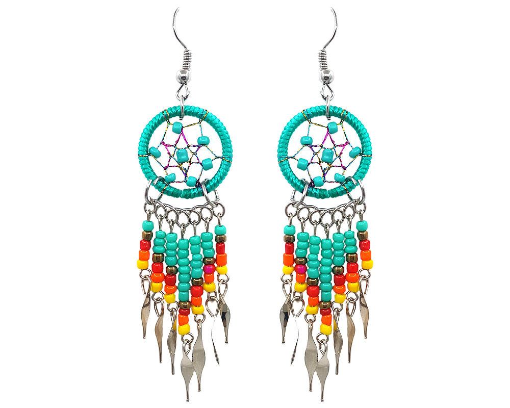 Handmade Native American inspired round beaded thread dream catcher earrings with long seed bead and alpaca silver dangles in mint green, gold, red, orange, and yellow color combination.