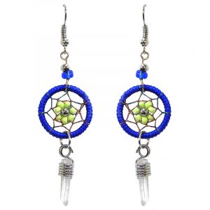 Handmade round beaded thread dream catcher earrings with daisy flower design and clear quartz crystal point dangle in blue and lime green color combination.