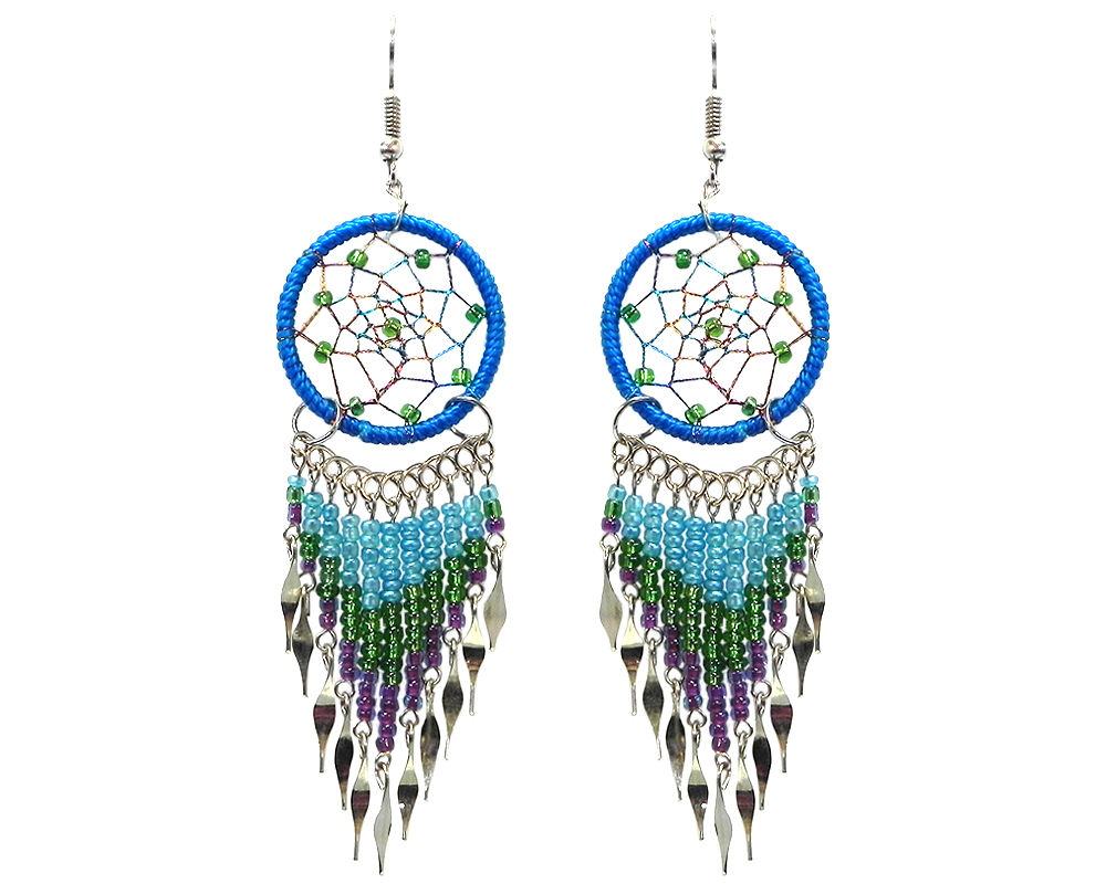 Handmade large dream catcher dangle earrings with silk thread, seed beads, and alpaca silver in turquoise blue, green and purple color combination.
