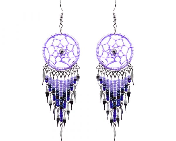 Handmade large dream catcher dangle earrings with silk thread, seed beads, and alpaca silver in lavender, purple, and iridescent color combination.