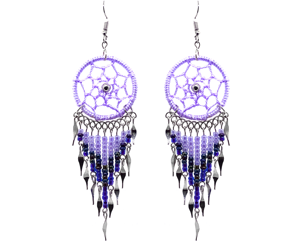 Handmade large dream catcher dangle earrings with silk thread, seed beads, and alpaca silver in lavender, purple, and iridescent color combination.