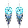 EA-050301350604 Handmade large dream catcher dangle earrings with silk thread, seed beads, and alpaca silver in turquoise blue, green, and indigo purple color combination.