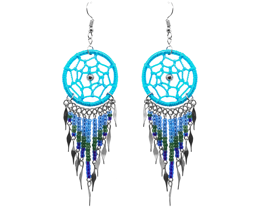 Handmade large dream catcher dangle earrings with silk thread, seed beads, and alpaca silver in turquoise blue, green, and indigo purple color combination.