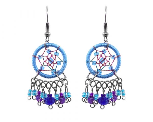 Handmade round beaded thread dream catcher earrings with short seed bead and crystal bead dangles in light blue, blue, and purple color combination.