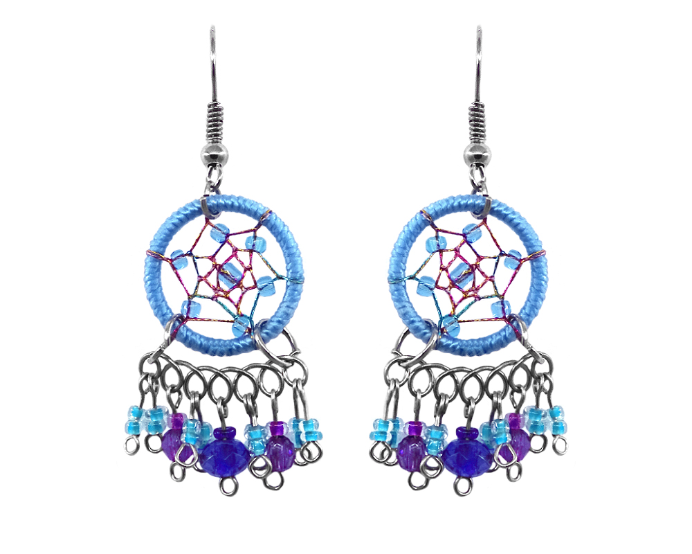 EA-050400150506 Handmade round beaded thread dream catcher earrings with short seed bead and crystal bead dangles in light blue, blue, and purple color combination.