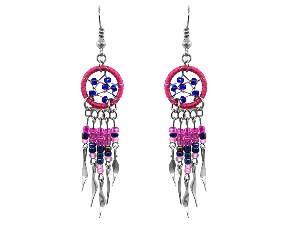 Handmade mini round beaded thread dream catcher earrings with long seed bead and alpaca silver dangles in hot pink, navy blue, and pink color combination.