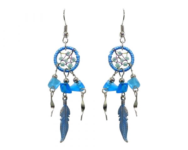 Handmade mini round beaded thread dream catcher earrings with chip stones, colored metal feather charm, and alpaca silver dangles in light blue and turquoise color combination.