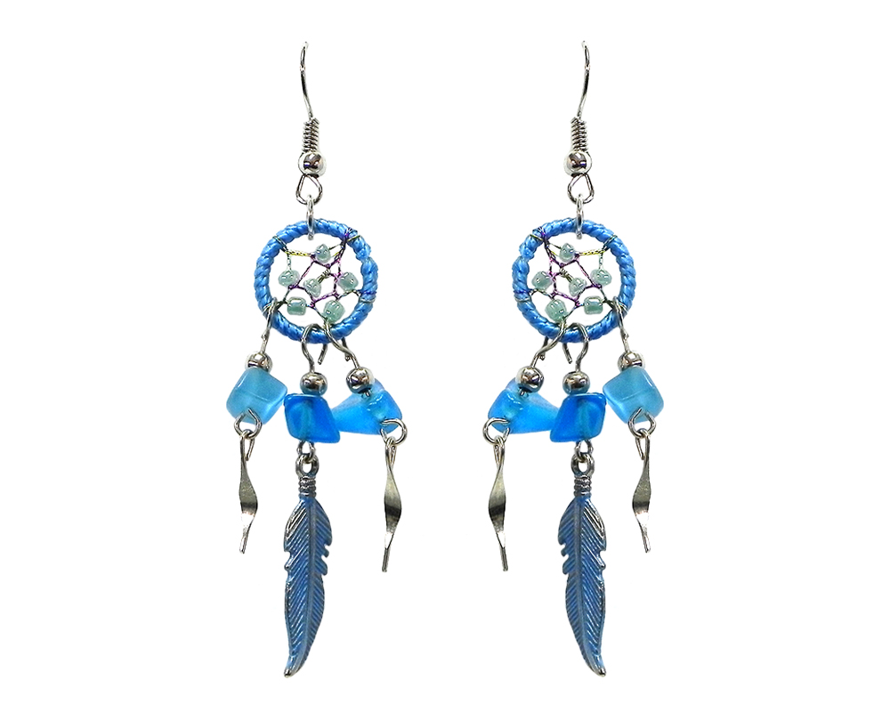 Handmade mini round beaded thread dream catcher earrings with chip stones, colored metal feather charm, and alpaca silver dangles in light blue and turquoise color combination.