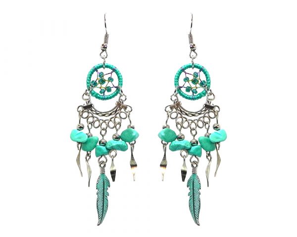 Handmade mini round beaded thread dream catcher earrings with chip stones, colored metal feather charm, and alpaca silver dangles in turquoise mint and teal green color combination.
