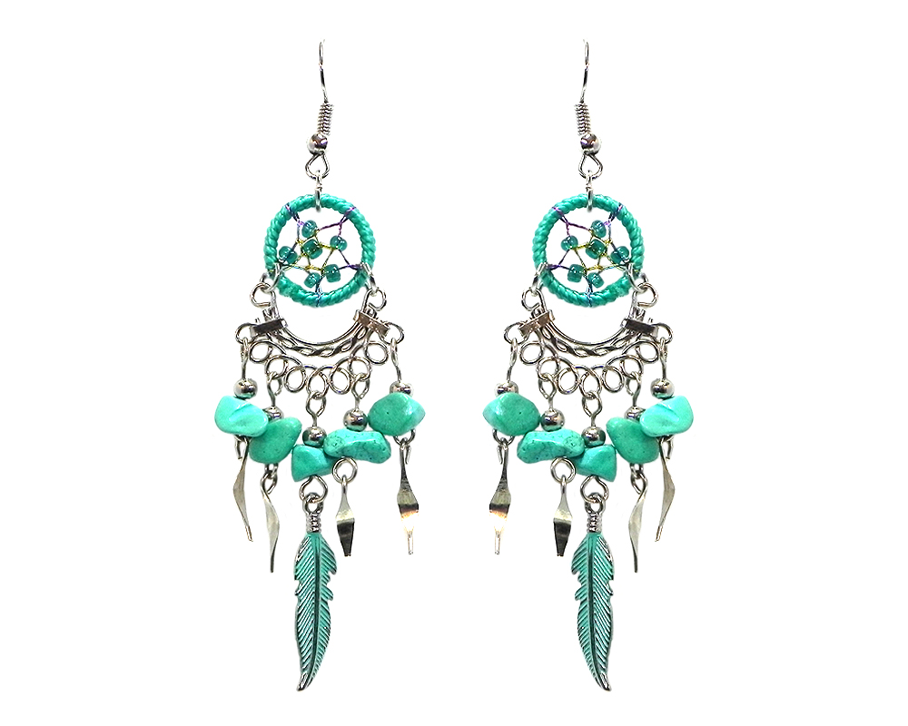 Handmade mini round beaded thread dream catcher earrings with chip stones, colored metal feather charm, and alpaca silver dangles in turquoise mint and teal green color combination.