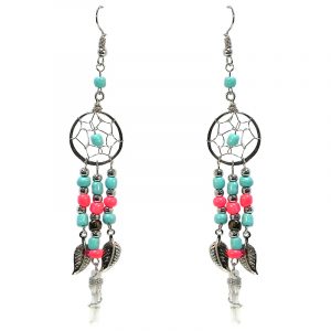 Handmade round beaded silver metal dream catcher earrings with long seed bead, leaf charm, and wire wrapped clear quartz crystal point dangles in turquoise mint and salmon pink color combination.