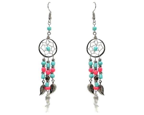 Handmade round beaded silver metal dream catcher earrings with long seed bead, leaf charm, and wire wrapped clear quartz crystal point dangles in turquoise mint and salmon pink color combination.