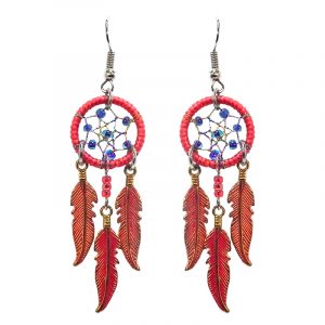 Handmade round beaded thread dream catcher earrings with three long colored metal feather charm dangles in red, indigo, and gold color combination.